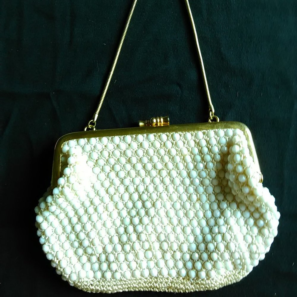 Vintage Small white satin beaded handbag.